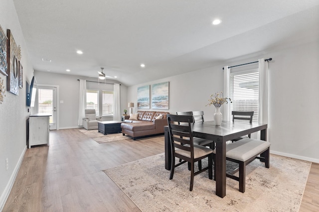 dining area with recessed lighting, ceiling fan, baseboards, and light wood-type flooring