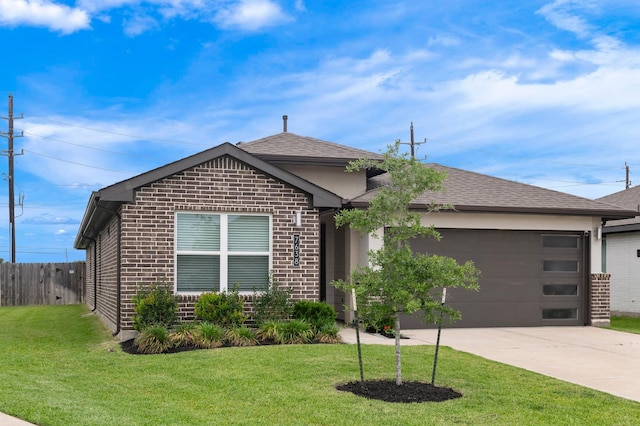 view of front of house featuring a garage, brick siding, fence, concrete driveway, and a shingled roof
