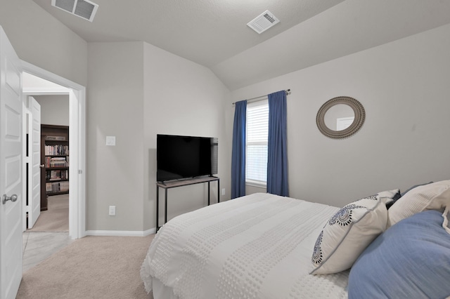 17422 Buckeye Br, Conroe, TX 77385 - bedroom with light carpet, baseboards, and lofted ceiling