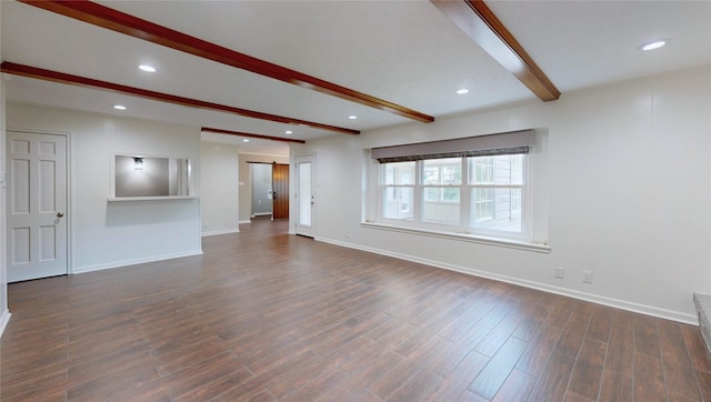 unfurnished living room with baseboards, beamed ceiling, recessed lighting, and dark wood-type flooring