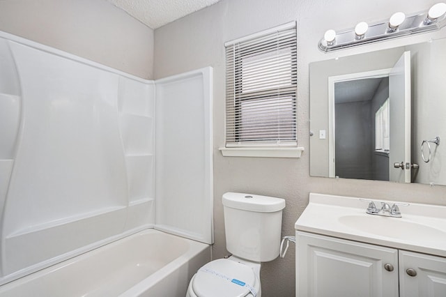12719 Panay Dr, Houston, TX 77048 - bathroom featuring vanity, a textured ceiling, toilet, and shower / washtub combination