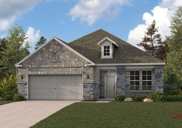 view of front of house with driveway, a front yard, an attached garage, a shingled roof, and stone siding