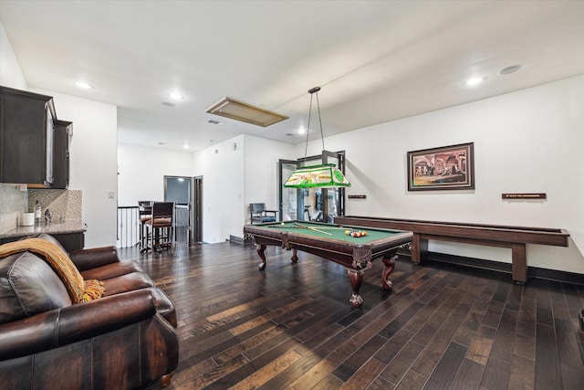 game room with dark wood-style flooring, recessed lighting, and billiards