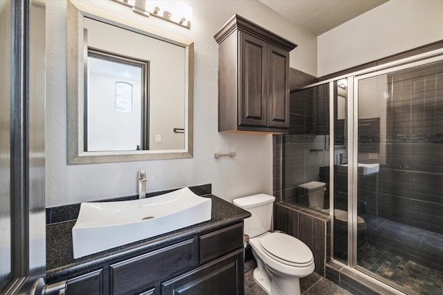 bathroom with vanity, a stall shower, and toilet