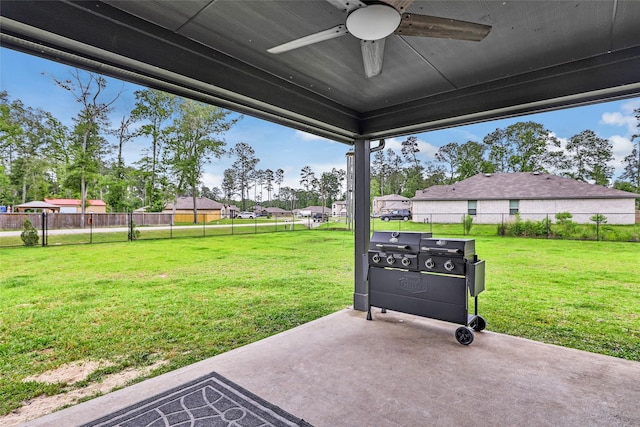 view of patio with ceiling fan, a residential view, a fenced backyard, and a grill