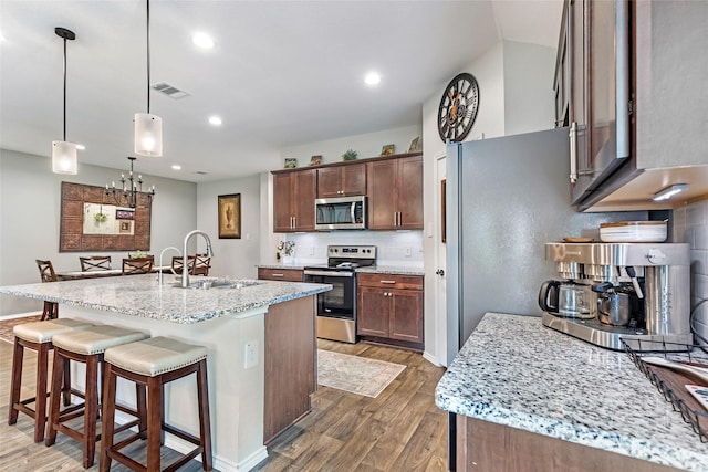 kitchen with backsplash, visible vents, a sink, light wood-style floors, and stainless steel appliances