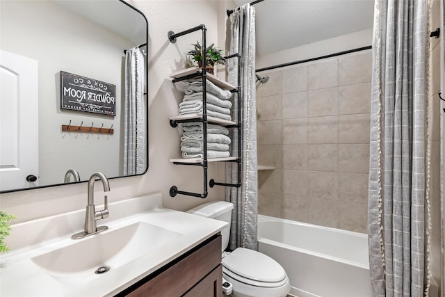 bathroom featuring vanity, shower / bathtub combination with curtain, and toilet