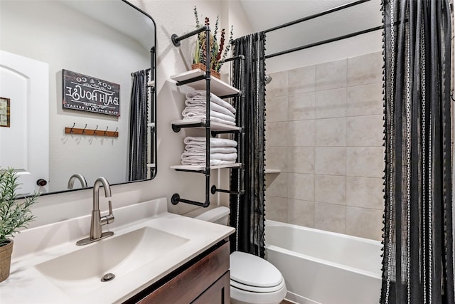 full bath with vanity, shower / bath combination with curtain, and toilet