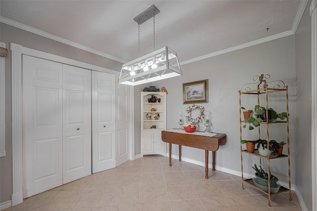 dining room featuring crown molding, light tile patterned flooring, and baseboards