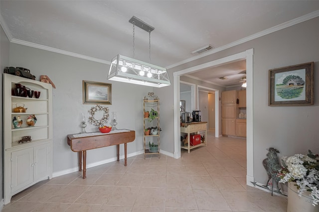 hall with crown molding, light tile patterned floors, baseboards, and visible vents