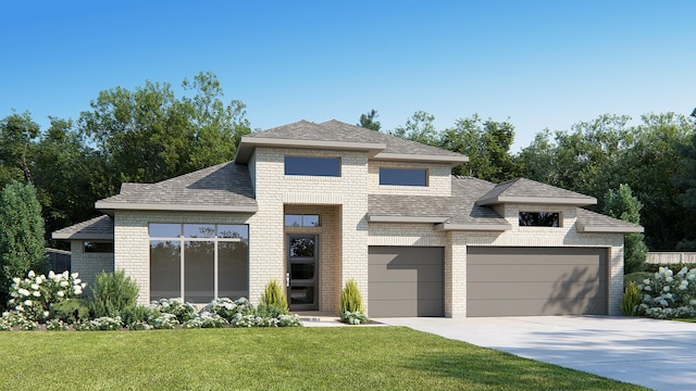 prairie-style house with a garage, a front yard, brick siding, a shingled roof, and driveway
