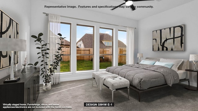 bedroom with carpet, ceiling fan, and multiple windows
