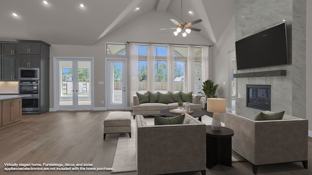 12944 Whitewater Way, Conroe, TX 77302 - living room featuring recessed lighting, a high end fireplace, a ceiling fan, light wood-type flooring, and beamed ceiling