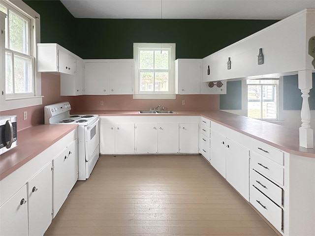 kitchen with a sink, stainless steel microwave, white electric range, and a wealth of natural light