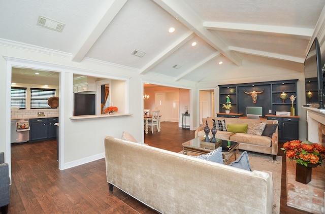 living room with visible vents, recessed lighting, dark wood-type flooring, and vaulted ceiling with beams