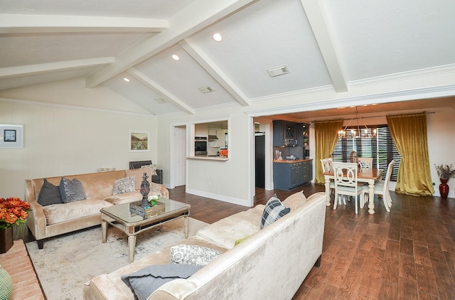 living room with visible vents, wood finished floors, lofted ceiling with beams, a notable chandelier, and recessed lighting