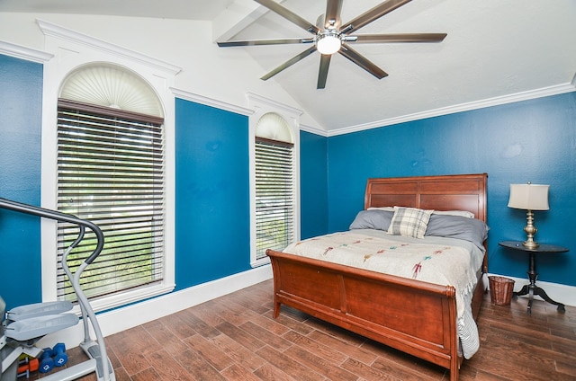 bedroom featuring a ceiling fan, baseboards, lofted ceiling with beams, and wood finished floors