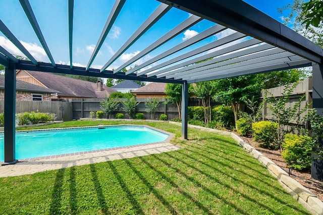 view of pool featuring a lawn, a fenced backyard, a pergola, and a fenced in pool