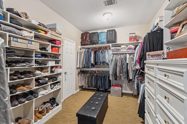 spacious closet featuring light colored carpet and visible vents