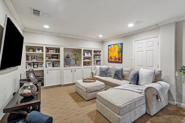 living area featuring crown molding, recessed lighting, and visible vents