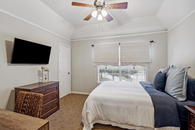 bedroom featuring baseboards, ceiling fan, lofted ceiling, and light carpet