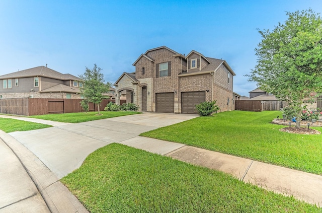 view of front of home featuring fence, brick siding, a garage, a front yard, and driveway
