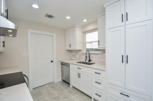 kitchen with visible vents, a sink, white cabinetry, and dishwasher