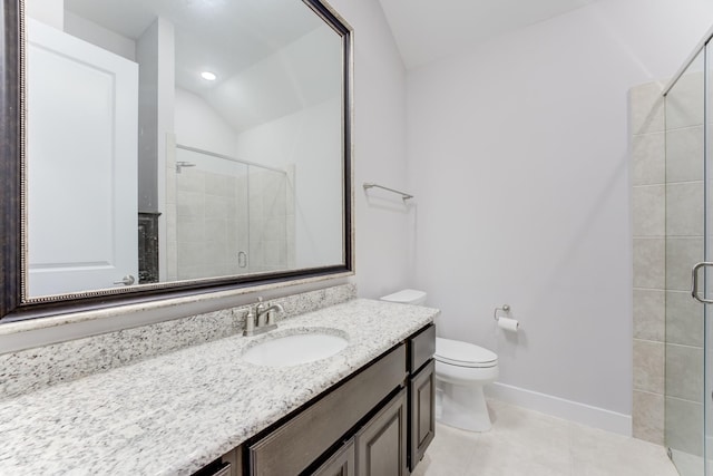 full bath featuring tile patterned flooring, baseboards, toilet, and a shower stall