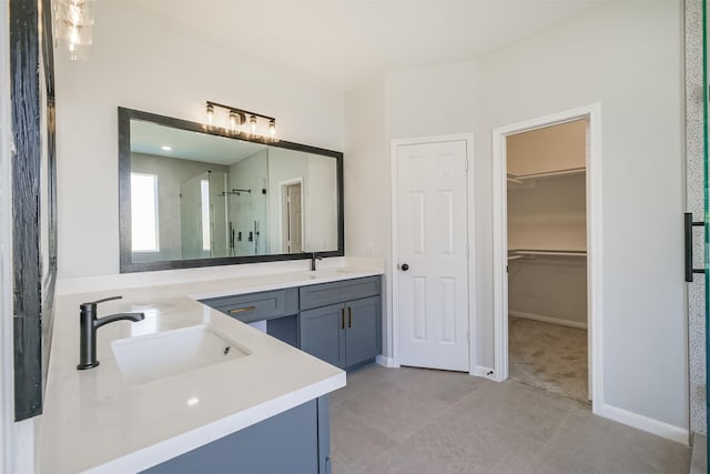 14810 Cascade Bend Ln, Cypress, TX 77429 - full bathroom featuring double vanity, a stall shower, a walk in closet, and tile patterned floors