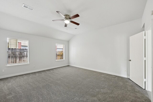 2707 Shawna Lyn Dr, Spring, TX 77373 - carpeted spare room featuring visible vents, baseboards, ceiling fan, and lofted ceiling