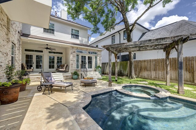 back of property featuring french doors, a chimney, a patio area, fence, and a pergola