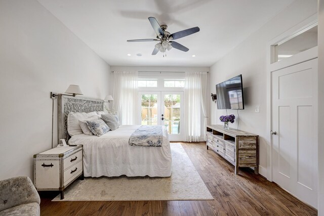 bedroom featuring a ceiling fan, french doors, wood finished floors, access to outside, and recessed lighting