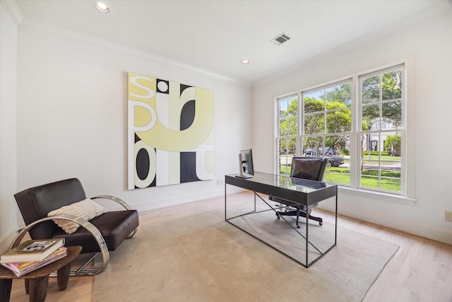 home office featuring crown molding, recessed lighting, wood finished floors, and visible vents