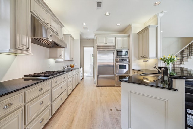 kitchen featuring a sink, light wood-style floors, built in appliances, under cabinet range hood, and visible vents