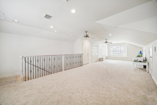 bonus room with baseboards, carpet flooring, recessed lighting, and lofted ceiling