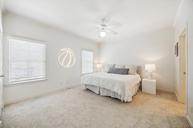 bedroom featuring baseboards, light colored carpet, and ornamental molding
