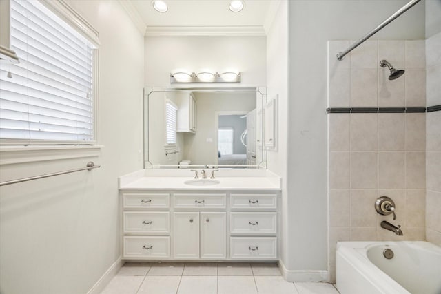 full bathroom with connected bathroom, tile patterned floors, shower / bath combination, baseboards, and ornamental molding