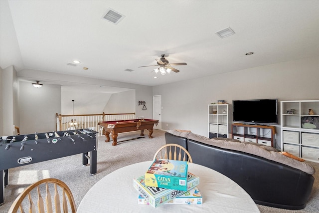 rec room featuring carpet flooring, ceiling fan, visible vents, and billiards
