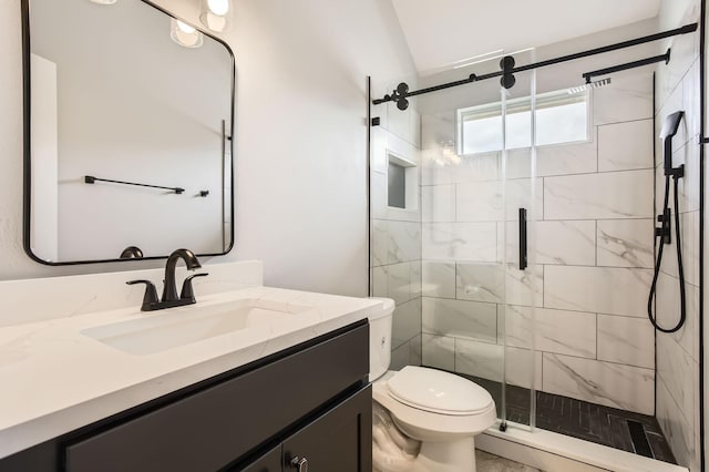 bathroom featuring toilet, a stall shower, and vanity