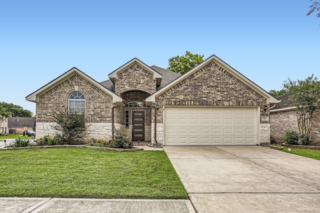 french provincial home with a front yard, brick siding, concrete driveway, an attached garage, and stone siding