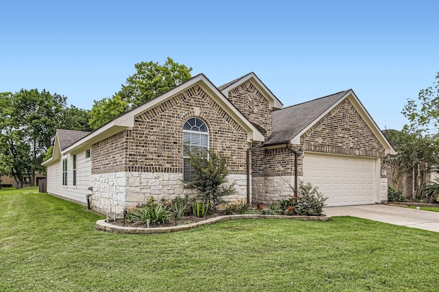 ranch-style home featuring a front yard, roof with shingles, brick siding, concrete driveway, and an attached garage