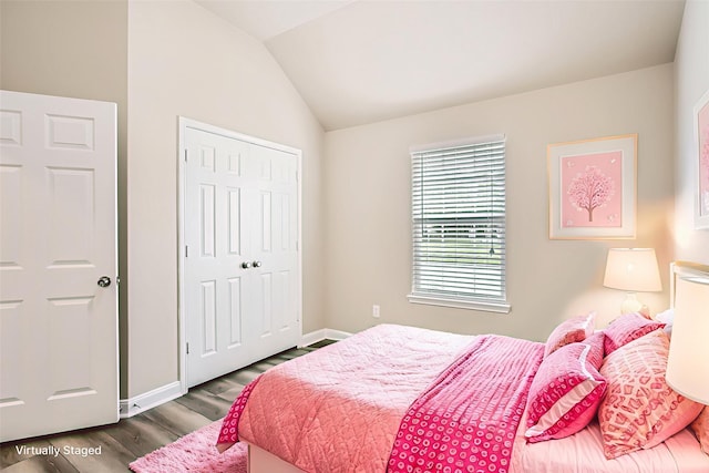 1946 Mayweather Ln, Richmond, TX 77406 - bedroom with dark wood-style flooring, lofted ceiling, and a closet