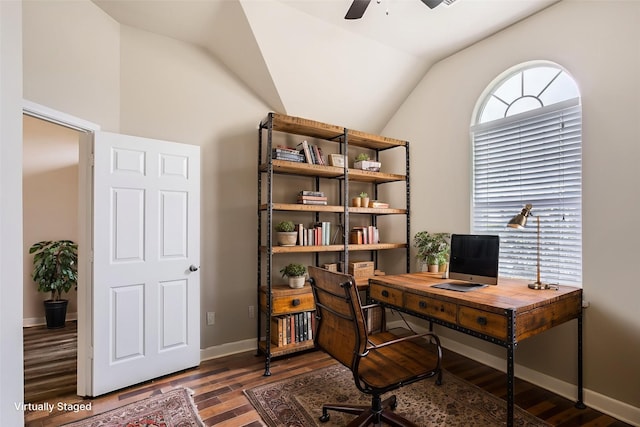 1946 Mayweather Ln, Richmond, TX 77406 - home office featuring wood finished floors, a ceiling fan, and vaulted ceiling