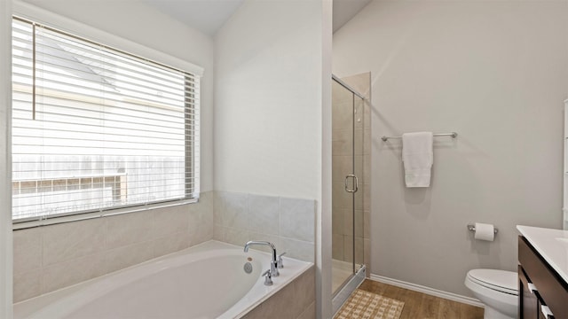 bathroom featuring vanity, plenty of natural light, a stall shower, and toilet
