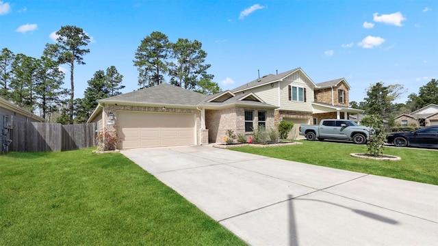view of front of property with a front lawn, fence, brick siding, concrete driveway, and an attached garage