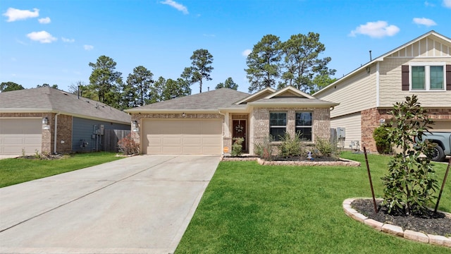 view of front facade featuring brick siding, a front lawn, an attached garage, and driveway