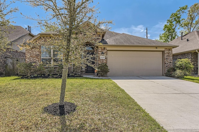ranch-style house with brick siding, an attached garage, driveway, and a front lawn