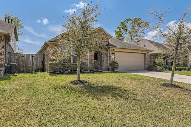 view of front of house with a garage, fence, concrete driveway, and brick siding