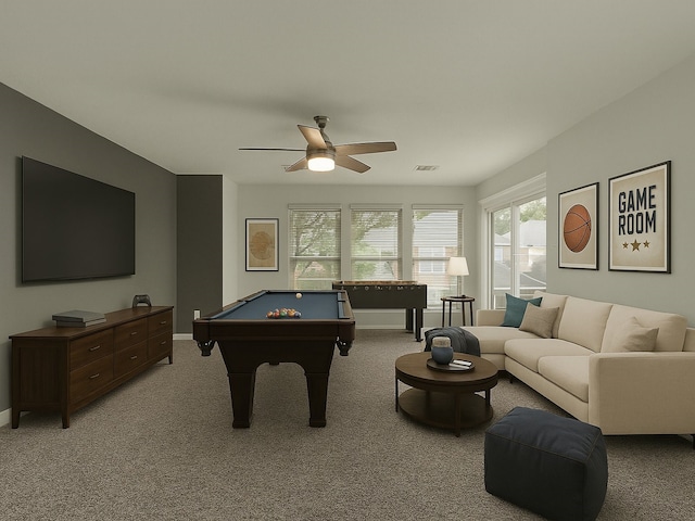 rec room with pool table, ceiling fan, visible vents, and carpet