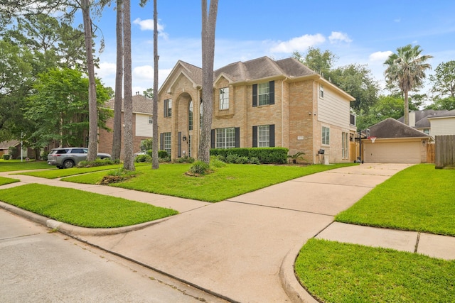 view of front facade with a detached garage, a front yard, and brick siding